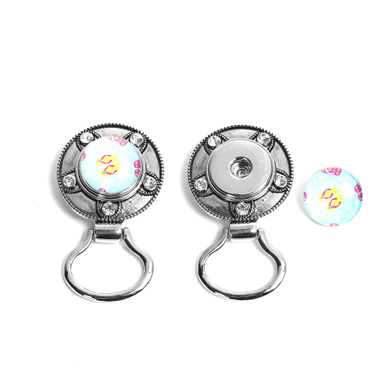 Picture of Zinc Based Alloy Snap Button Magnetic Brooch Eyeglass Holder Fit 18mm/20mm Snap Buttons Round Antique Silver Color Clear Rhinestone 56mm(2 2/8") x 33mm(1 2/8"), Hole Size: 6mm( 2/8"), 1 Piece