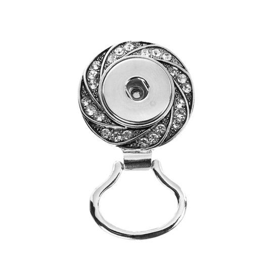 Picture of Zinc Based Alloy Snap Button Magnetic Brooch Eyeglass Holder Fit Snap 18mm/20mm Buttons Round Antique Silver Color Clear Rhinestone 56mm(2 2/8") x 32mm(1 2/8"), Hole Size: 6mm( 2/8"), 1 Piece