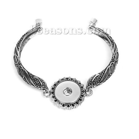 Snap Button Bangles Bracelets Fit 18mm/20mm Snap Buttons Antique Silver Color Round 21cm(8 2/8") long, Hole Size: 6mm( 2/8"), 1 Piece