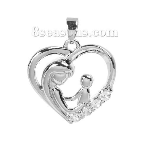 Picture of 1 Piece Brass Charm Pendant Silver Tone Mother And Child Heart Hollow Clear Rhinestone 25mm x 20mm