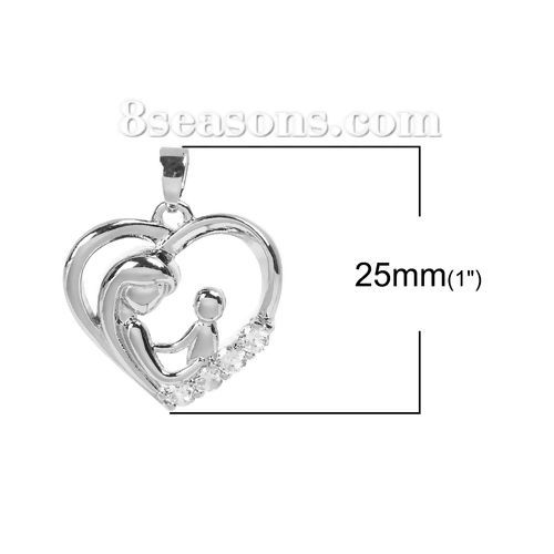 Bild von Messing Anhänger Mutter & Kind Silberfarbe Herz Transparent Strass Hohl 25mm x 20mm, 1 Stück                                                                                                                                                                  
