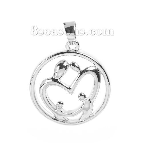 Picture of 2 PCs Brass Charm Pendant Silver Tone Parents And Child Round Hollow 25mm x 18mm