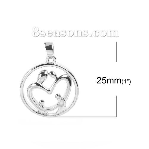 Picture of 2 PCs Brass Charm Pendant Silver Tone Parents And Child Round Hollow 25mm x 18mm