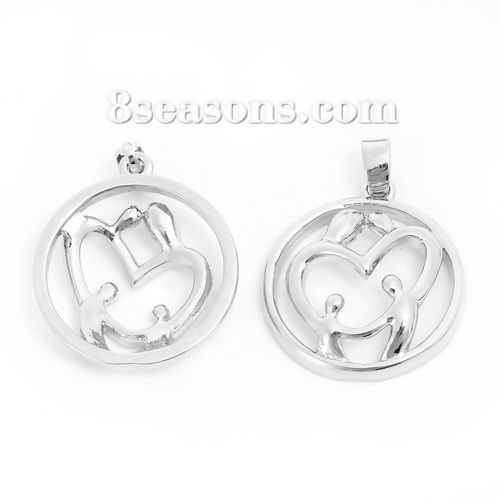 Picture of Brass Pendants Parents And Two Children Silver Tone Round Hollow 25mm(1") x 18mm( 6/8"), 2 PCs                                                                                                                                                                