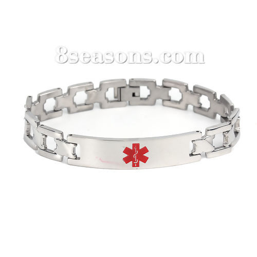 Picture of Stainless Steel Bracelets Silver Tone Red Rectangle Medical Alert ID Caduceus Enamel 21.5cm(8 4/8") long, 1 Piece