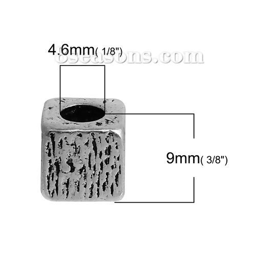 Bild von Zinklegierung Zwischenperlen Spacer Perlen Quadrat Antiksilber ca. 9mm x 9mm, Loch:ca. 4.6mm, 5 Stück