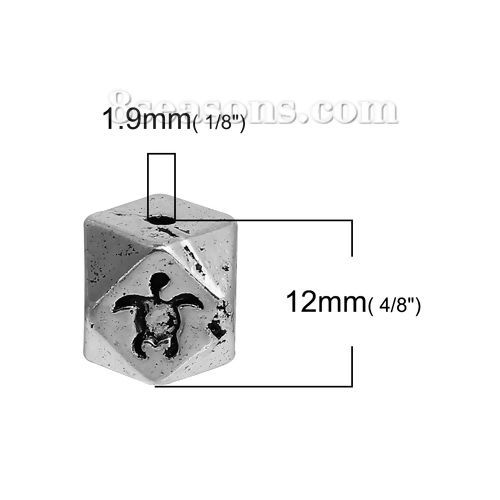 Bild von Zinklegierung Zwischenperlen Spacer Perlen Quadrat Antiksilber Schildkröte Facettiert ca. 12mm x 10mm, Loch:ca. 1.9mm, 5 Stück