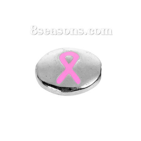 Zinc Based Alloy Spacer Beads Flat Round Silver Tone Pink Ribbon Enamel 15mm x 12mm, Hole: Approx 1.1mm, 3 PCs