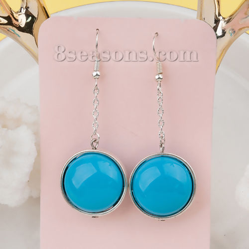 Picture of Acrylic Earrings Silver Tone Blue Luna Beads 62mm(2 4/8") x 23mm( 7/8"), Post/ Wire Size: (21 gauge), 1 Pair
