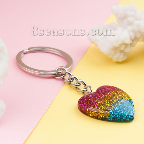 Picture of Resin Keychain & Keyring Heart Silver Tone Multicolor Glitter 8cm x 3cm, 1 Piece