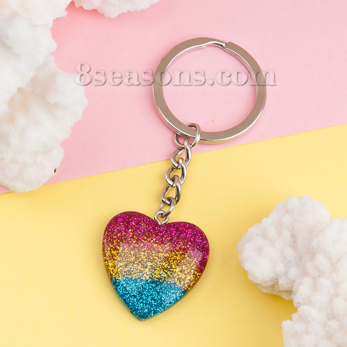 Picture of Resin Keychain & Keyring Heart Silver Tone Multicolor Glitter 8cm x 3cm, 1 Piece