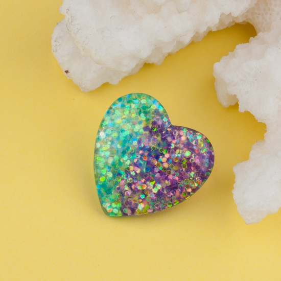 Picture of Resin Pin Brooches Heart Green Purple Glitter 27mm(1 1/8") x 27mm(1 1/8"), 1 Piece
