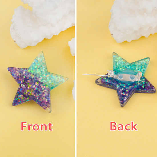 Picture of Resin Pin Brooches Pentagram Star Purple Green Blue Glitter 38mm(1 4/8") x 36mm(1 3/8"), 1 Piece
