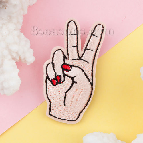 Picture of Fabric Pin Brooches Hand Gesture Red Light Beige 55mm(2 1/8") x 28mm(1 1/8"), 1 Piece