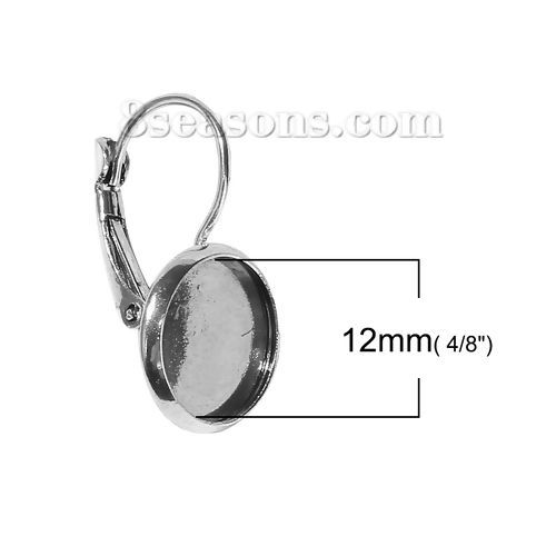 Picture of Brass Lever Back Clips Findings Round Silver Tone Cabochon Settings (Fit 12mm Dia.) 26mm(1") x 14mm( 4/8"), Post/ Wire Size: (17 gauge), 10 PCs                                                                                                               