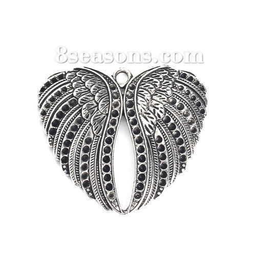 Immagine di Lega di Zinco Ciondoli Cuore Argento Antico Ali (Addetti ss7 Strass) 49mm x 44mm , 2 Pz