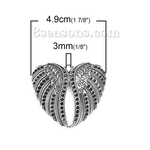 Immagine di Lega di Zinco Ciondoli Cuore Argento Antico Ali (Addetti ss7 Strass) 49mm x 44mm , 2 Pz