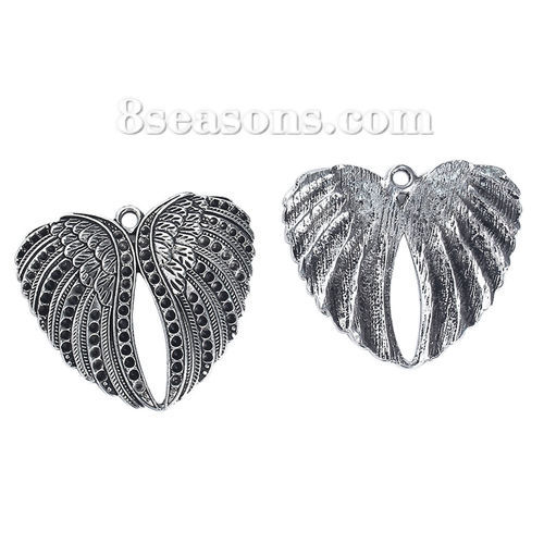 Immagine di Lega di Zinco Ciondoli Cuore Argento Antico Ali (Addetti ss7 Strass) 49mm x 44mm , 2 Pz
