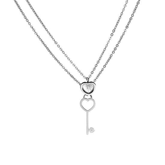 Picture of 304 Stainless Steel Multilayer Layered Necklace Silver Tone Key Heart 43cm(16 7/8") long, 1 Piece