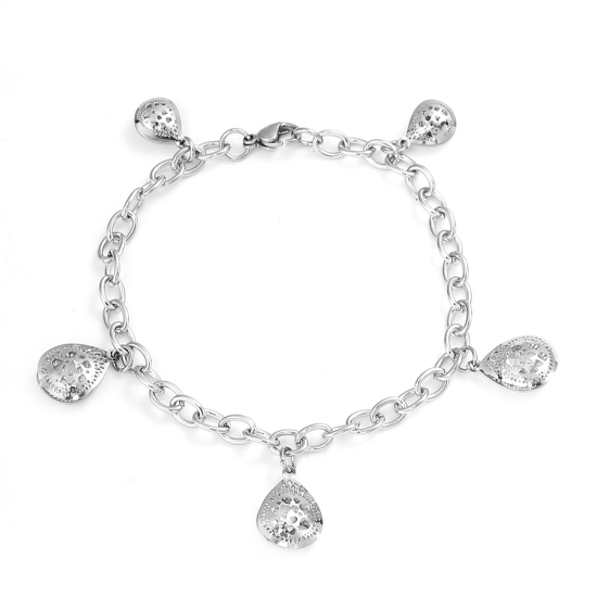 Immagine di 304 Acciaio Inossidabile Braccialetti Tono Argento Goccia Cuore Filigrana lunghezza: 20cm, 1 Pz