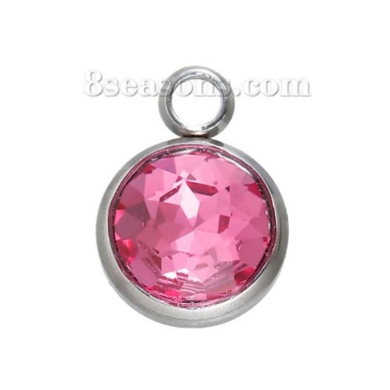 Image de Breloques Pierre de Naissance Juillet en 304 Acier Inoxydable Rond A Facettes Argent Mat à Strass Fuchsia 14mm x 10mm, 1 Pièce