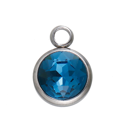 Picture of 304 Stainless Steel September Birthstone Charms Round Silver Tone Dark Blue Rhinestone Faceted 14mm( 4/8") x 10mm( 3/8"), 1 Piece