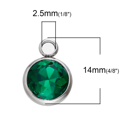 Image de Breloques Pierre de Naissance Mai en 304 Acier Inoxydable Rond A Facettes Argent Mat à Strass Vert Paon 14mm x 10mm, 1 Pièce