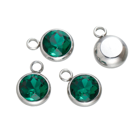 Image de Breloques Pierre de Naissance Mai en 304 Acier Inoxydable Rond A Facettes Argent Mat à Strass Vert Paon 14mm x 10mm, 1 Pièce