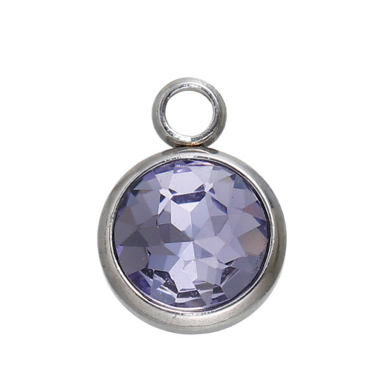 Picture of 304 Stainless Steel June Birthstone Charms Round Silver Tone Purple Rhinestone Faceted 14mm( 4/8") x 10mm( 3/8"), 1 Piece
