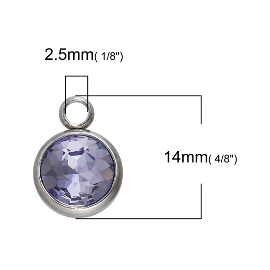 Image de Breloques Pierre de Naissance Juin en 304 Acier Inoxydable Rond A Facettes Argent Mat à Strass Pourpre 14mm x 10mm, 1 Pièce