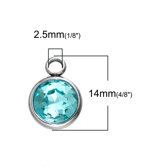 Image de Breloques Pierre de Naissance Décembre en 304 Acier Inoxydable Rond A Facettes Argent Mat à Strass Lac Bleu 14mm x 10mm, 1 Pièce