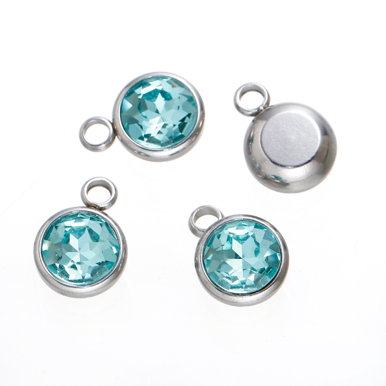 Image de Breloques Pierre de Naissance Décembre en 304 Acier Inoxydable Rond A Facettes Argent Mat à Strass Lac Bleu 14mm x 10mm, 1 Pièce