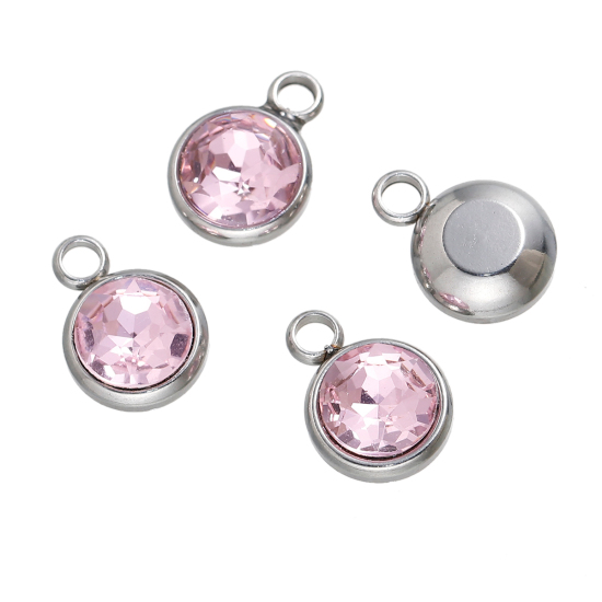 Image de Breloques Pierre de Naissance Octobre en 304 Acier Inoxydable Rond A Facettes Argent Mat à Strass Rose 14mm x 10mm, 1 Pièce