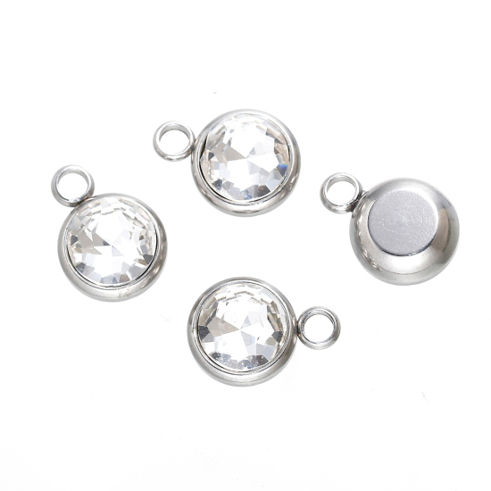 Image de Breloques Pierre de Naissance Avril en 304 Acier Inoxydable Rond A Facettes Argent Mat à Strass Transparent 14mm x 10mm, 1 Pièce