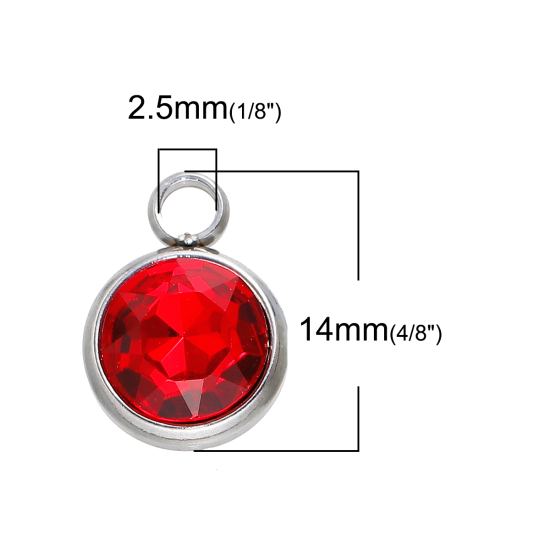 Image de Breloques Pierre de Naissance Janvier en 304 Acier Inoxydable Rond A Facettes Argent Mat à Strass Rouge 14mm x 10mm, 1 Pièce