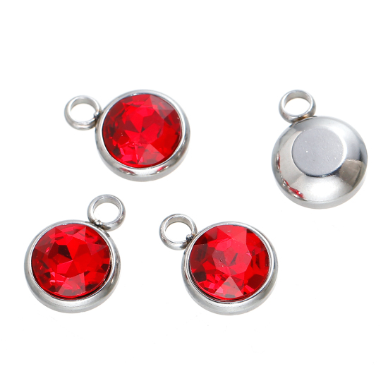 Image de Breloques Pierre de Naissance Janvier en 304 Acier Inoxydable Rond A Facettes Argent Mat à Strass Rouge 14mm x 10mm, 1 Pièce