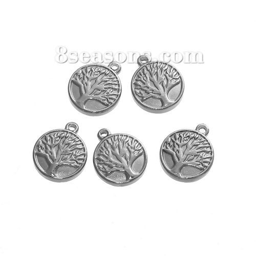 Picture of 304 Stainless Steel Charms Round Silver Tone Tree 16mm( 5/8") x 13mm( 4/8"), 1 Piece