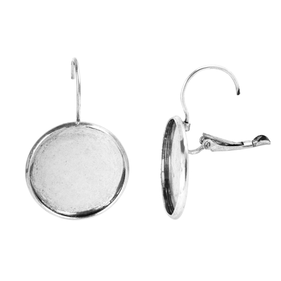 Imagen de Latón Clip de oreja Ronda Plata Antigua Base Camafeo (Apta 20mm) 35mm x 22mm, Post/ Wire: (19 gauge), 5 Unidades