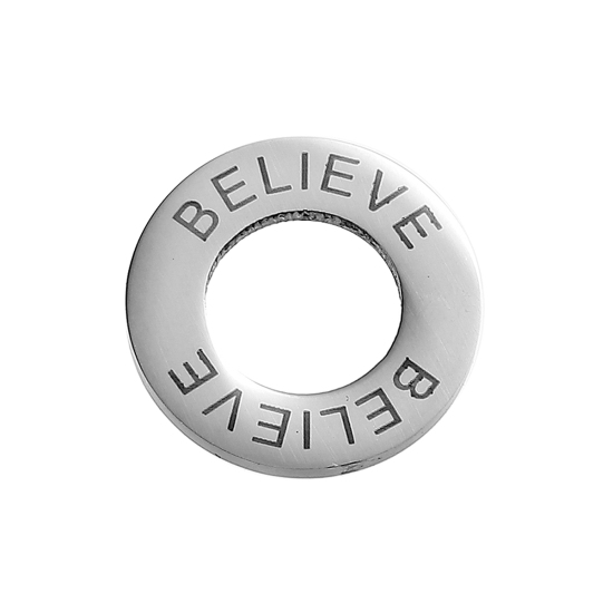 Picture of 304 Stainless Steel Inspire Pendants Circle Ring Silver Tone Message " Believe " 22mm( 7/8") Dia, 2 PCs