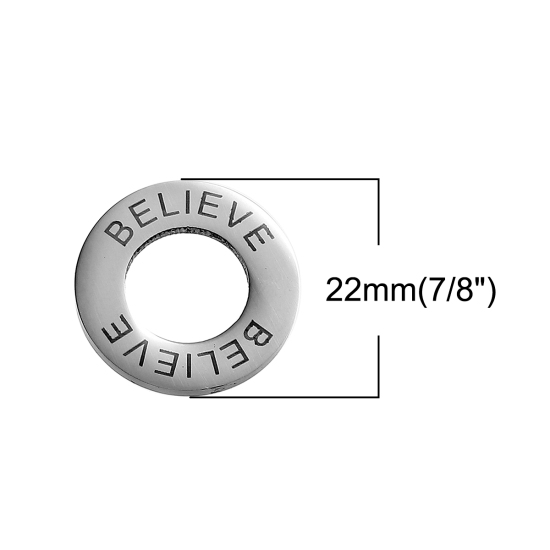 Picture of 304 Stainless Steel Inspire Pendants Circle Ring Silver Tone Message " Believe " 22mm( 7/8") Dia, 2 PCs