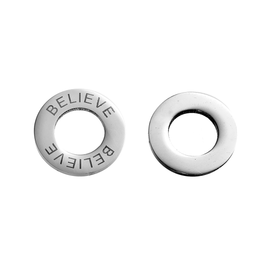 Picture of 304 Stainless Steel Inspire Pendants Circle Ring Silver Tone Message " Believe " 22mm( 7/8") Dia, 2 PCs