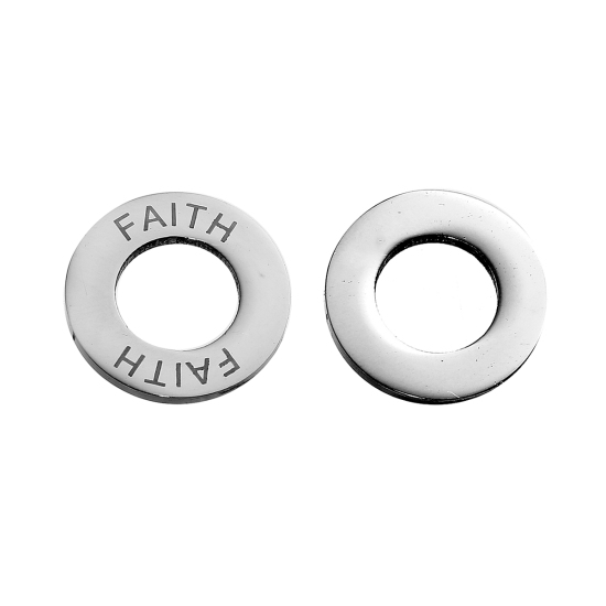 Picture of 304 Stainless Steel Inspire Pendants Circle Ring Silver Tone Message " FAITH " 22mm( 7/8") Dia, 2 PCs