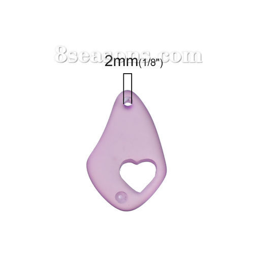 Picture of Resin Sea Glass Charms Drop Heart Purple (Can Hold ss4 Pointed Back Rhinestone) Frosted 25mm x16mm(1" x 5/8") - 24mm x16mm(1" x 5/8"), 5 PCs