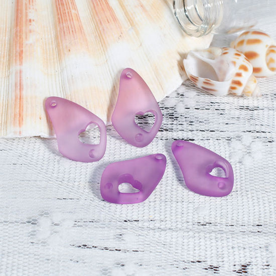 Picture of Resin Sea Glass Charms Drop Heart Purple (Can Hold ss4 Pointed Back Rhinestone) Frosted 25mm x16mm(1" x 5/8") - 24mm x16mm(1" x 5/8"), 5 PCs