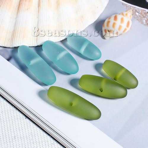 Picture of Resin Spacer Sea Glass Beads Oval Army Green Frosted About 26mm x10mm - 25mm x10mm, Hole: Approx 2mm, 5 PCs