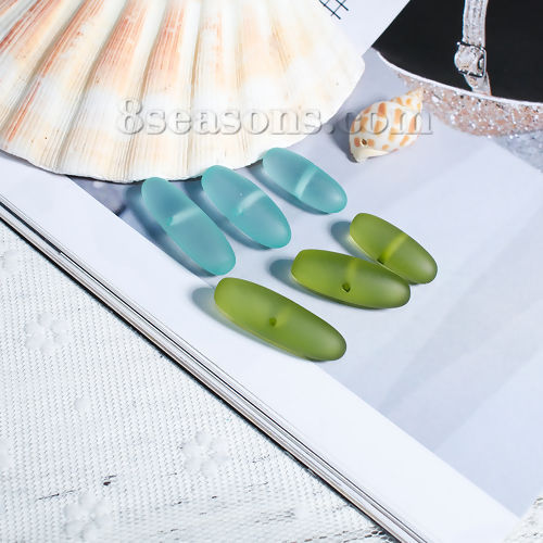 Picture of Resin Spacer Sea Glass Beads Oval Army Green Frosted About 3.5cm x1cm - 3.4cm x1cm, Hole: Approx 1.9mm, 5 PCs