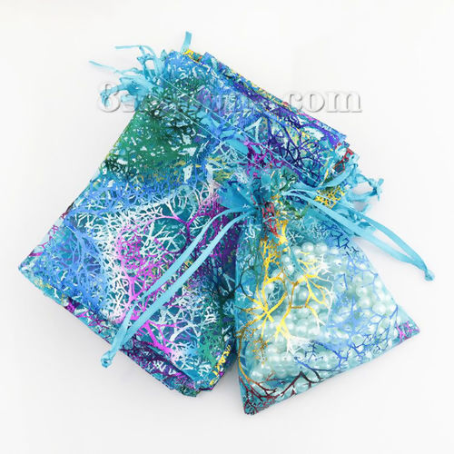 Picture of Wedding Gift Organza Jewelry Bags Drawstring Rectangle Multicolor Coralline (Usable Space: 13x10cm) 15cm x10cm(5 7/8" x3 7/8"), 10 PCs