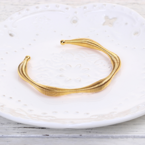 Imagen de 304 Acero Inoxidable Abierta Cuff Brazaletes Pulseras Chapado en Oro Ola Elástico 17.5cm longitud, 1 Unidad
