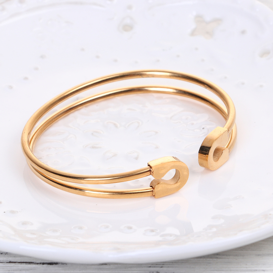 Picture of 304 Stainless Steel Safety Pin Open Cuff Bangles Bracelets Gold Plated Elastic 18cm(7 1/8") long, 1 Piece
