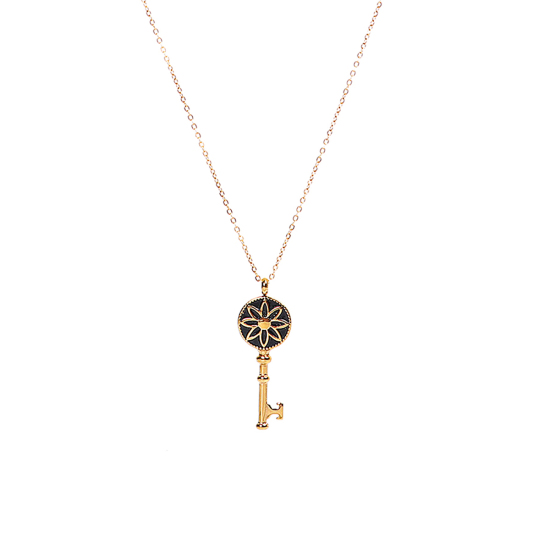 Imagen de 304 Acero Inoxidable Collares Chapado en Oro Negro Llave Flor Esmalte 46.5cm longitud, 1 Unidad